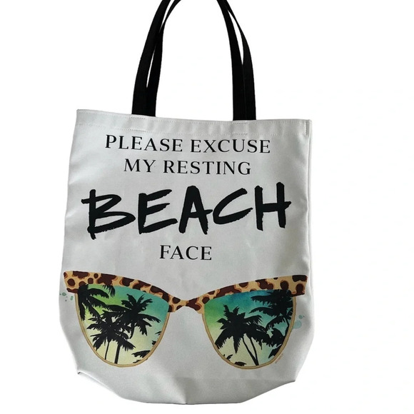 One Bella Casa Resting Beach Face Polyester Tote Bag Multi Color 18” - Picture 1 of 3